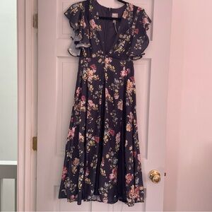 ASOS Navy Floral Midi Dress with Ruffle Sleeves